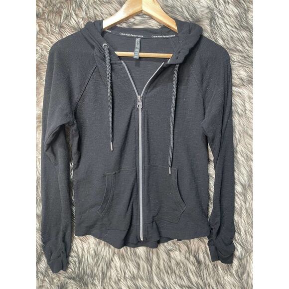 Calvin Klein Performance Black Tight Knit Full Zip Hooded Jacket Sweater Women S - Picture 1 of 4